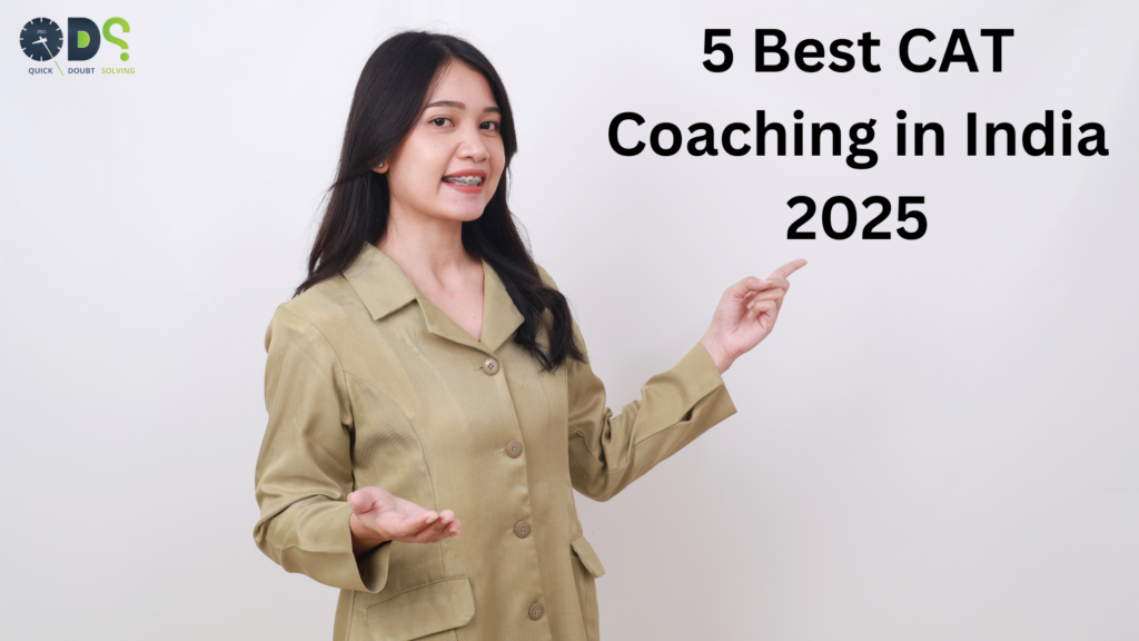 A girl happily pointing at the headline '5 Best CAT Coaching in India 2025', symbolizing excitement and enthusiasm for CAT preparation.