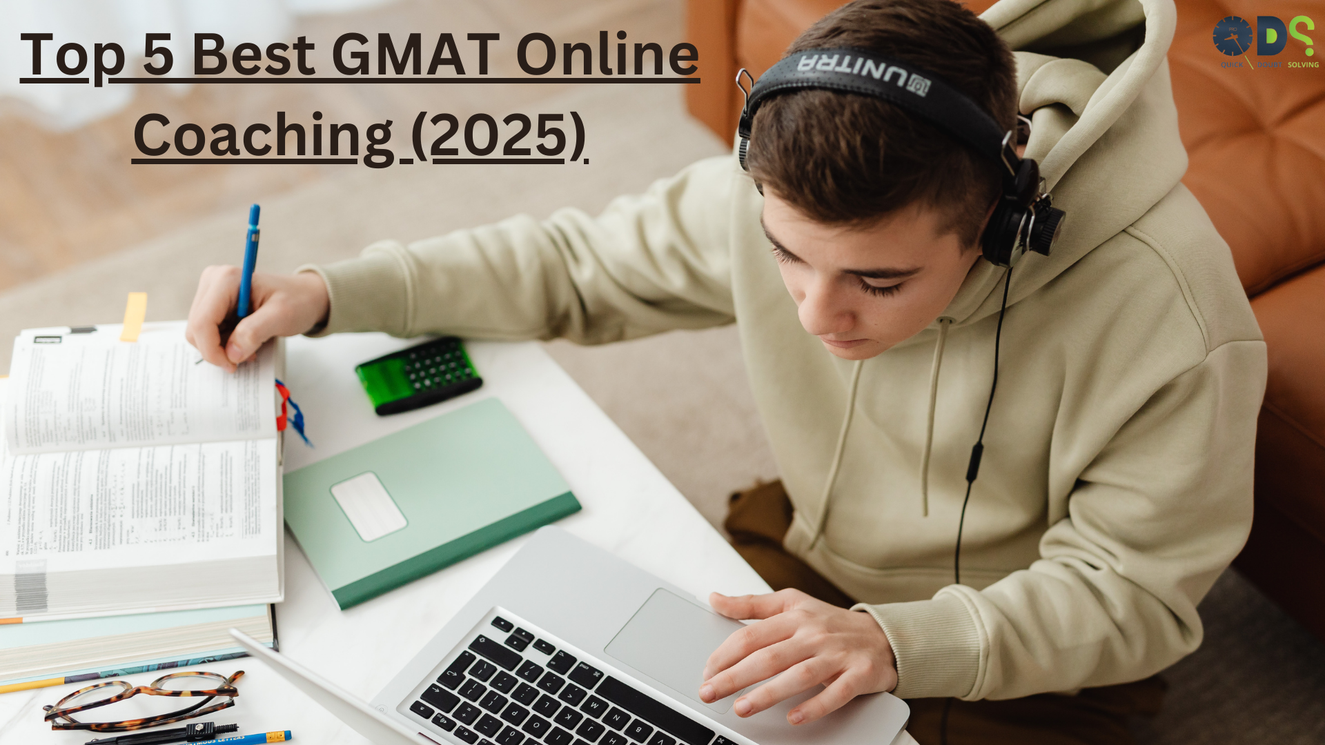 Boy studying on a laptop with "Top 5 Best GMAT Online Coaching (2025)" heading, highlighting GMAT online coaching.