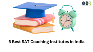 Image with white background, books stacked with a clock nearby and the image is head titled as 5 best sat coaching in India